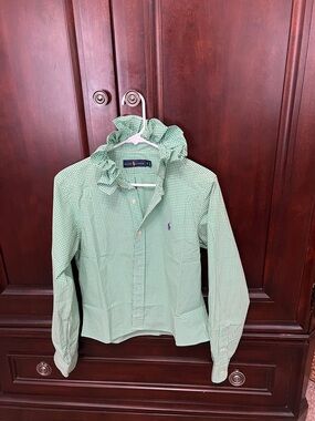 Ralph Lauren Mint Green Gingham Ruffle-Neck Button Shirt